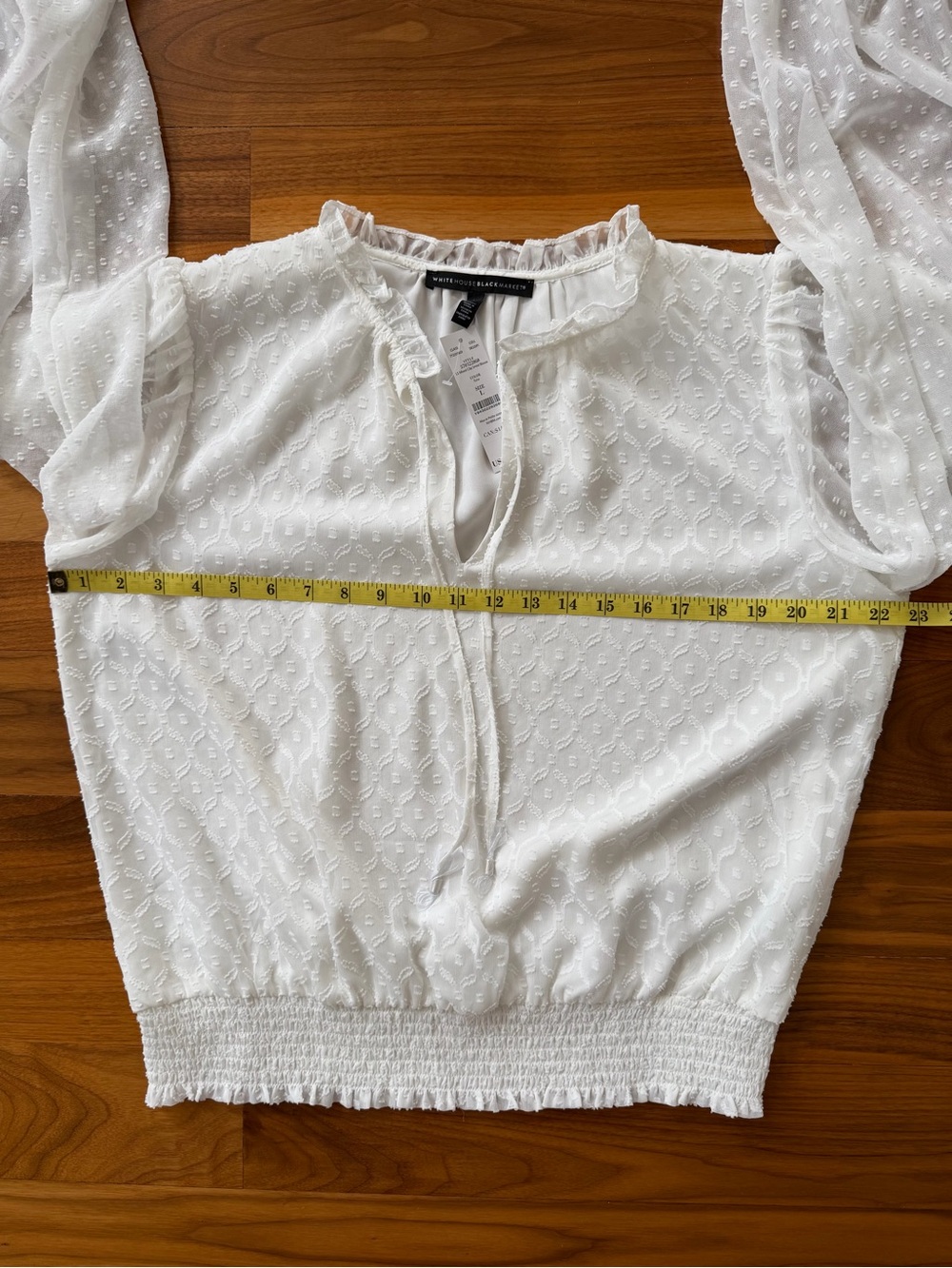 NWT White House Black Market Ecru Clip Dot Smocked Blouse Size L Peasant Ruffle - Picture 6 of 14